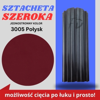 Sztacheta ogrodzeniowa szeroka firmy GARD jednostronna powłoka w połysku kolor czerwone wino zakończenie półokrągłe