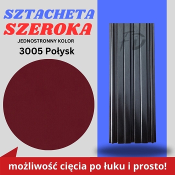 Sztacheta ogrodzeniowa szeroka firmy GARD jednostronna powłoka w połysku kolor czerwone wino zakończenie proste