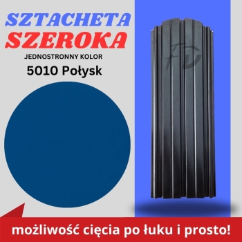 Sztacheta ogrodzeniowa szeroka firmy GARD jednostronna powłoka w połysku kolor niebieski zakończenie półokrągłe