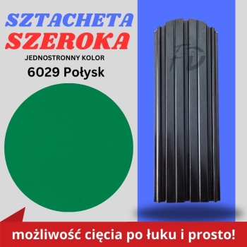 Sztacheta ogrodzeniowa szeroka firmy GARD jednostronna powłoka w połysku kolor jasnozielony zakończenie półokrągłe