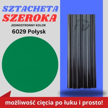 Sztacheta ogrodzeniowa szeroka firmy GARD jednostronna powłoka w połysku kolor jasnozielony zakończenie proste