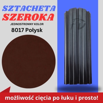 Sztacheta ogrodzeniowa szeroka firmy GARD jednostronna powłoka w połysku kolor jasny brąz zakończenie półokrągłe