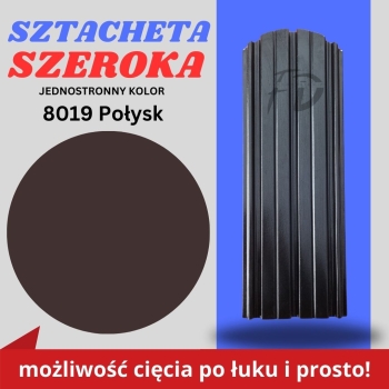 Sztacheta ogrodzeniowa szeroka firmy GARD jednostronna powłoka w połysku kolor brązowy zakończenie półokrągłe